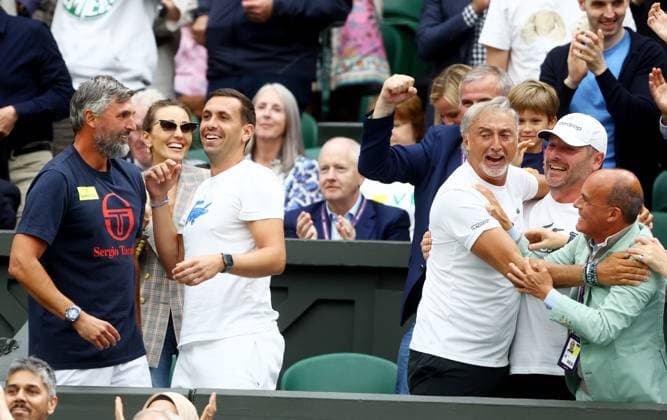 Mandatory Credit: Photo by Kieran McManus Shutterstock (14009604cq) Goran Ivanisevic the coach of Novak Djokovic of Serbia and his team celebrate. Wimbledon Tennis Championships, Day 12, The All England Lawn Tennis and Croquet Club, London, UK - 14 Jul 2023 Wimbledon Tennis Championships, Day 12, The All England Lawn Tennis and Croquet Club, London, UK - 14 Jul 2023  Copyright: xKieranxMcManus Shutterstockx 14009604cq