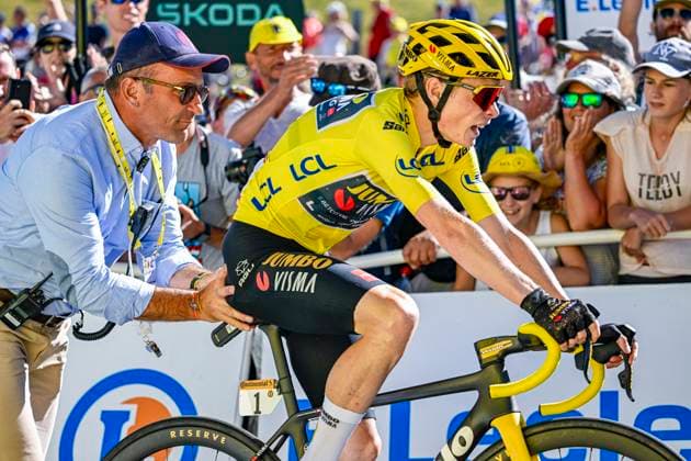 Tour de France 2023 - Stage 13 GRAND COLOMBIER, FRANCE - JULY 14 : Vingegaard Jonas (DEN) of Jumbo-Visma at the finish line during stage 13 of the 110th edition of the Tour de France 2023 cycling race, a stage of 138 kms with start in Chatillon-sur-Chalaronne and finish in Grand Colombier on July 14, 2023 in Grand Colombier, France, 14 07 2023 ( Motordriver Kenny Verfaillie - Grand Colombier France  Copyright: xNicoxVereeckenx