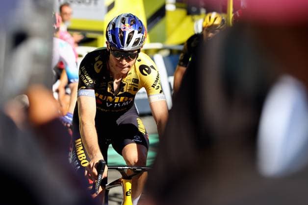 Belgian Wout Van Aert of Jumbo-Visma reacts as he crosses the finish line of stage 13 of the Tour de France cycling race, from Chatillon-sur-Chalaronne to Grand Colombier (137,8 km), France, Friday 14 July 2023. This year s Tour de France takes place from 01 to 23 July 2023. JASPERxJACOBS  x70594348x