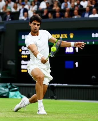 Mandatory Credit: Photo by Kieran McManus Shutterstock (14009604dk) Carlos Alcaraz of Spain during his Semi Final match. Wimbledon Tennis Championships, Day 12, The All England Lawn Tennis and Croquet Club, London, UK - 14 Jul 2023 Wimbledon Tennis Championships, Day 12, The All England Lawn Tennis and Croquet Club, London, UK - 14 Jul 2023  Copyright: xKieranxMcManus Shutterstockx 14009604dk