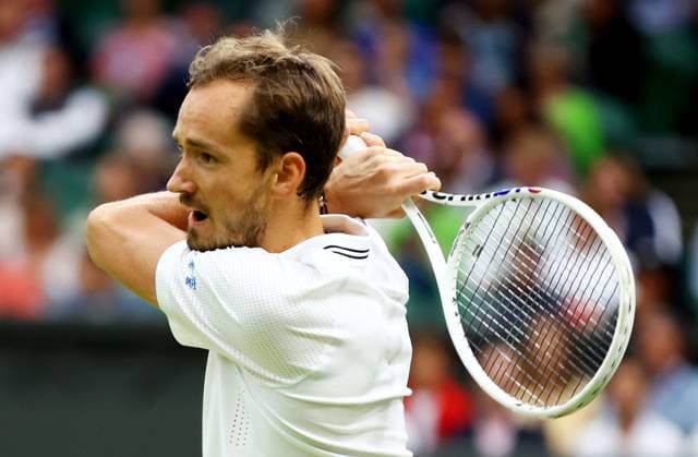 Mandatory Credit: Photo by Kieran McManus Shutterstock (14009604dm) Daniil Medvedev of Russia in action during his Semi Final match. Wimbledon Tennis Championships, Day 12, The All England Lawn Tennis and Croquet Club, London, UK - 14 Jul 2023 Wimbledon Tennis Championships, Day 12, The All England Lawn Tennis and Croquet Club, London, UK - 14 Jul 2023  Copyright: xKieranxMcManus Shutterstockx 14009604dm