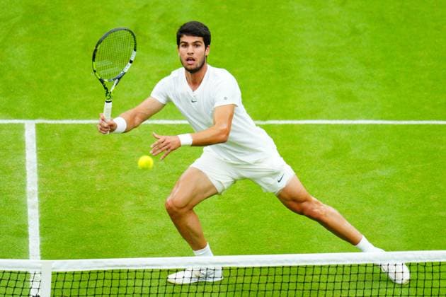 Mandatory Credit: Photo by Javier Garcia Shutterstock (14009601eh) Carlos Alcaraz during his semi final match Wimbledon Tennis Championships, Day 12, The All England Lawn Tennis and Croquet Club, London, UK - 14 Jul 2023 Wimbledon Tennis Championships, Day 12, The All England Lawn Tennis and Croquet Club, London, UK - 14 Jul 2023  Copyright: xJavierxGarcia Shutterstockx 14009601eh