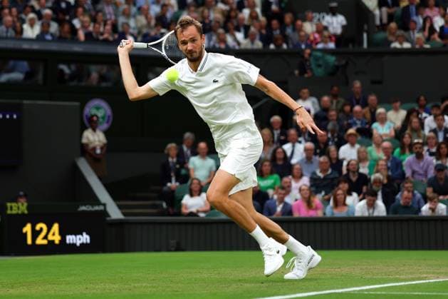 Mandatory Credit: Photo by Ella Ling Shutterstock (14009603dg) Daniil Medvedev during his semi final match Wimbledon Tennis Championships, Day 12, The All England Lawn Tennis and Croquet Club, London, UK - 14 Jul 2023 Wimbledon Tennis Championships, Day 12, The All England Lawn Tennis and Croquet Club, London, UK - 14 Jul 2023  Copyright: xEllaxLing Shutterstockx 14009603dg