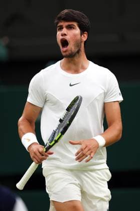 Mandatory Credit: Photo by Ella Ling Shutterstock (14009603dj) Carlos Alcaraz during his semi final match Wimbledon Tennis Championships, Day 12, The All England Lawn Tennis and Croquet Club, London, UK - 14 Jul 2023 Wimbledon Tennis Championships, Day 12, The All England Lawn Tennis and Croquet Club, London, UK - 14 Jul 2023  Copyright: xEllaxLing Shutterstockx 14009603dj