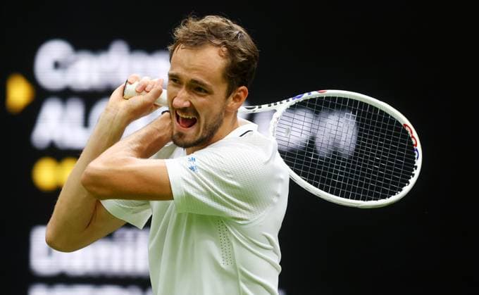 Mandatory Credit: Photo by Kieran McManus Shutterstock (14009604eb) Daniil Medvedev of Russia during his Semi Final match. Wimbledon Tennis Championships, Day 12, The All England Lawn Tennis and Croquet Club, London, UK - 14 Jul 2023 Wimbledon Tennis Championships, Day 12, The All England Lawn Tennis and Croquet Club, London, UK - 14 Jul 2023  Copyright: xKieranxMcManus Shutterstockx 14009604eb