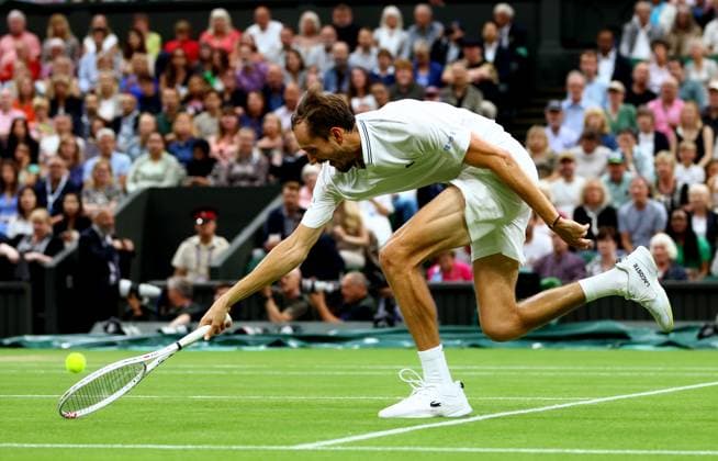 Mandatory Credit: Photo by Kieran McManus Shutterstock (14009604eo) Daniil Medvedev of Russia in action during his Semi Final match. Wimbledon Tennis Championships, Day 12, The All England Lawn Tennis and Croquet Club, London, UK - 14 Jul 2023 Wimbledon Tennis Championships, Day 12, The All England Lawn Tennis and Croquet Club, London, UK - 14 Jul 2023  Copyright: xKieranxMcManus Shutterstockx 14009604eo