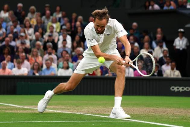 Mandatory Credit: Photo by Ella Ling Shutterstock (14009603eb) Daniil Medvedev during his semi final match Wimbledon Tennis Championships, Day 12, The All England Lawn Tennis and Croquet Club, London, UK - 14 Jul 2023 Wimbledon Tennis Championships, Day 12, The All England Lawn Tennis and Croquet Club, London, UK - 14 Jul 2023  Copyright: xEllaxLing Shutterstockx 14009603eb