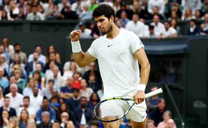 Mandatory Credit: Photo by Kieran McManus Shutterstock (14009604ev) Carlos Alcaraz of Spain celebrates during his Semi Final match. Wimbledon Tennis Championships, Day 12, The All England Lawn Tennis and Croquet Club, London, UK - 14 Jul 2023 Wimbledon Tennis Championships, Day 12, The All England Lawn Tennis and Croquet Club, London, UK - 14 Jul 2023  Copyright: xKieranxMcManus Shutterstockx 14009604ev