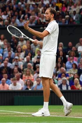 Mandatory Credit: Photo by Ella Ling Shutterstock (14009603eh) Daniil Medvedev during his semi final match Wimbledon Tennis Championships, Day 12, The All England Lawn Tennis and Croquet Club, London, UK - 14 Jul 2023 Wimbledon Tennis Championships, Day 12, The All England Lawn Tennis and Croquet Club, London, UK - 14 Jul 2023  Copyright: xEllaxLing Shutterstockx 14009603eh