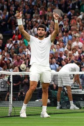 Mandatory Credit: Photo by Ella Ling Shutterstock (14009603em) Carlos Alcaraz celebrates victory in his semi final match Wimbledon Tennis Championships, Day 12, The All England Lawn Tennis and Croquet Club, London, UK - 14 Jul 2023 Wimbledon Tennis Championships, Day 12, The All England Lawn Tennis and Croquet Club, London, UK - 14 Jul 2023  Copyright: xEllaxLing Shutterstockx 14009603em