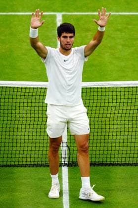 Mandatory Credit: Photo by Javier Garcia Shutterstock (14009601fo) Carlos Alcaraz celebrates victory in his semi final match Wimbledon Tennis Championships, Day 12, The All England Lawn Tennis and Croquet Club, London, UK - 14 Jul 2023 Wimbledon Tennis Championships, Day 12, The All England Lawn Tennis and Croquet Club, London, UK - 14 Jul 2023  Copyright: xJavierxGarcia Shutterstockx 14009601fo