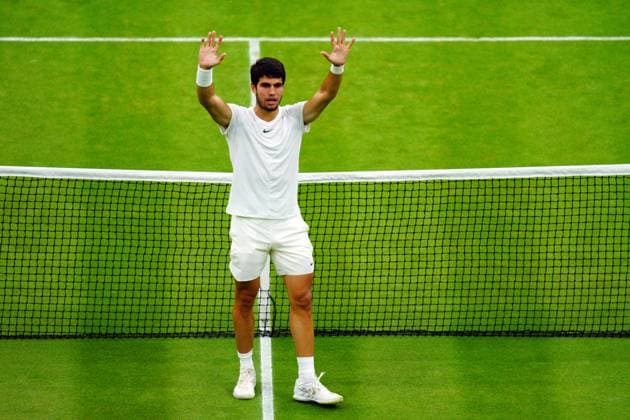 Mandatory Credit: Photo by Javier Garcia Shutterstock (14009601fp) Carlos Alcaraz celebrates victory in his semi final match Wimbledon Tennis Championships, Day 12, The All England Lawn Tennis and Croquet Club, London, UK - 14 Jul 2023 Wimbledon Tennis Championships, Day 12, The All England Lawn Tennis and Croquet Club, London, UK - 14 Jul 2023  Copyright: xJavierxGarcia Shutterstockx 14009601fp