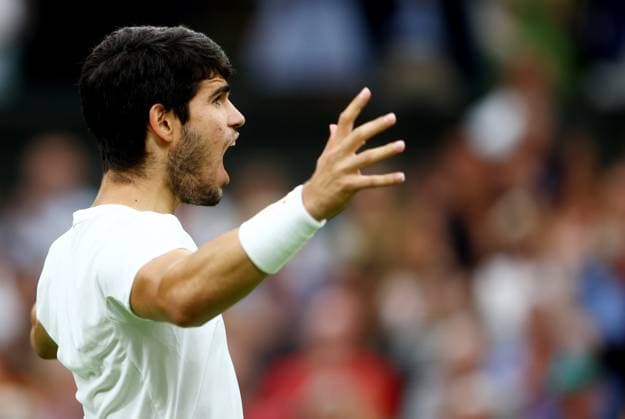 Mandatory Credit: Photo by Kieran McManus Shutterstock (14009604ft) Carlos Alcaraz of Spain celebrates winning his Semi Final match. Wimbledon Tennis Championships, Day 12, The All England Lawn Tennis and Croquet Club, London, UK - 14 Jul 2023 Wimbledon Tennis Championships, Day 12, The All England Lawn Tennis and Croquet Club, London, UK - 14 Jul 2023  Copyright: xKieranxMcManus Shutterstockx 14009604ft