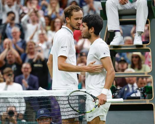 Daniil Medvedev congratulates the winner Carlos Alcaraz ESP cheers after the victory, jubilation, joy, emotion Tennis Wimbledon 2023 Grand Slam ITF ATP WTA AELTC London Great Britain 14 July 2023 Copyright: xJuergenxHasenkopfx