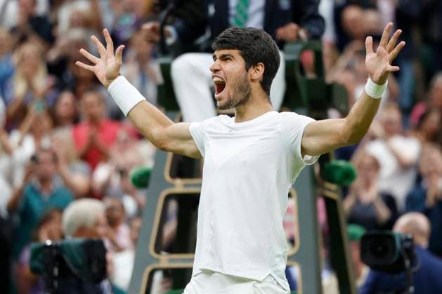 Carlos Alcaraz ESP cheers after victory, jubilation, joy, emotion Tennis Wimbledon 2023 Grand Slam ITF ATP WTA AELTC London Great Britain 14 July 2023 Copyright: xJuergenxHasenkopfx