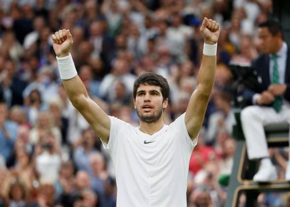 Carlos Alcaraz ESP cheers after victory, jubilation, joy, emotion Tennis Wimbledon 2023 Grand Slam ITF ATP WTA AELTC London Great Britain 14 July 2023 Copyright: xJuergenxHasenkopfx