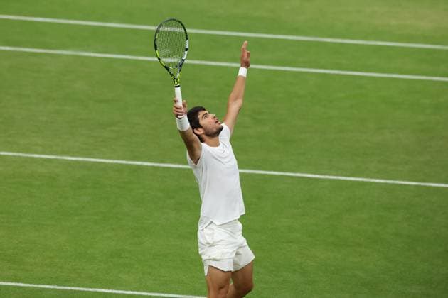 14th July 2023; All England Lawn Tennis and Croquet Club, London, England: Wimbledon Tennis Tournament; Carlos Alcaraz (ESP) celebrates after defeating Daniil Medvedev (RUS) in three sets to reach the final against Novak Djokovic (SRB)  ActionPlus12531289 JohnxPatrickxFletcher
