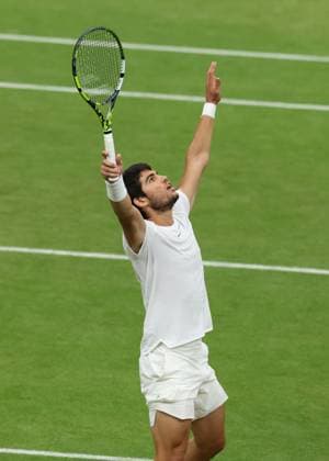 14th July 2023; All England Lawn Tennis and Croquet Club, London, England: Wimbledon Tennis Tournament; Carlos Alcaraz (ESP) celebrates after defeating Daniil Medvedev (RUS) in three sets to reach the final against Novak Djokovic (SRB)  ActionPlus12531290 JohnxPatrickxFletcher