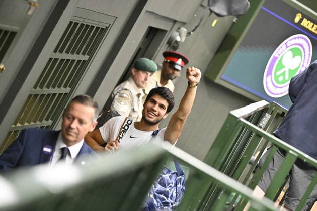 Tennis : Wimbledon 2023 - Angleterre - Carlos Alcaraz se qualifie pour la finale du smiple Messieurs - Espagne Tennis : Wimbledon 2023 - Angleterre- 14 07 23 ChrysleneCaillaud Panoramic  