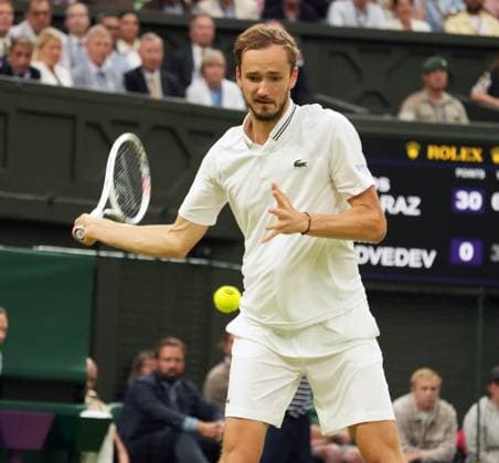 Tennis - 2023 Wimbledon Championships - Week Two - Day Twelve - All England lawn Tennis & Racquet Club, Wimbledon - Friday 14th Mens Semi final - Carlos Alcaraz (ESP) v Danill Medvedev Danill Medvedev 