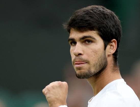 (230715) -- LONDON, July 15, 2023 -- Spain s Carlos Alcaraz reacts during the men s singles semifinal against Russia s Daniil Medvedev at Wimbledon tennis Championship in London, Britain, on July 14, 2023. ) (SP)BRITAIN-LONDON-TENNIS-WIMBLEDON-DAY 12 LixYing 