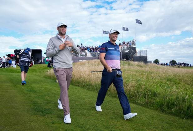 Mandatory Credit: Photo by Stuart Wallace Shutterstock (14003897c) Scottie Scheffler (USA) & Padraig Harrington (IRL) walk towards the walks towards the fairway on the 1st hole during the 3rd round. Genesis Scottish Open, Day Three, Golf, The Renaissance Club, North Berwick, UK - 15 Jul 2023 Genesis Scottish Open, Day Three, Golf, The Renaissance Club, North Berwick, UK - 15 Jul 2023  Copyright: xStuartxWallace Shutterstockx 14003897c