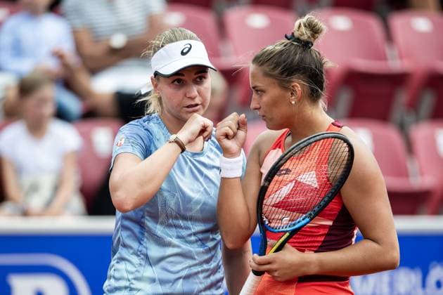 230715 Irina Khromacheva and Panna Udvardy, Hungary, during the womens doubles final on day 6 of the WTA Nordea Open on July 15, 2023 in Bastad, Sweden.  Copyright: NICLASxJÖNSSON BB230715NO008