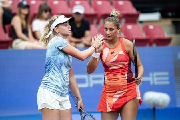 230715 Irina Khromacheva, of Russia, and Panna Udvardy, of Hungary, during the womens doubles final on day 6 of the WTA Nordea Open on July 15, 2023 in Bastad, Sweden.  Copyright: NICLASxJÖNSSON BB230715NO015