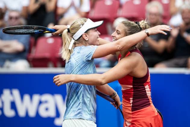 230715 Irina Khromacheva, of Russia, and Panna Udvardy, of Hungary, celebrate after the womens doubles final during day 6 of the WTA Nordea Open on July 15, 2023 in Bastad, Sweden.  Copyright: NICLASxJÖNSSON BB230715NO016
