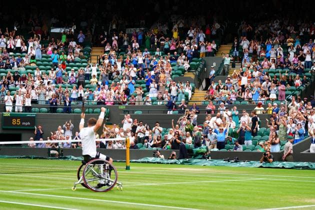 Mandatory Credit: Photo by Javier Garcia Shutterstock (14010521d) Alfie Hewett celebrates victory in the wheelchair Singles semi final Wimbledon Tennis Championships, Day 13, The All England Lawn Tennis and Croquet Club, London, UK - 15 Jul 2023 Wimbledon Tennis Championships, Day 13, The All England Lawn Tennis and Croquet Club, London, UK - 15 Jul 2023  Copyright: xJavierxGarcia Shutterstockx 14010521d