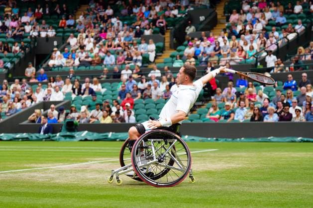 Mandatory Credit: Photo by Javier Garcia Shutterstock (14010521o) Alfie Hewett during his wheelchair Singles semi final Wimbledon Tennis Championships, Day 13, The All England Lawn Tennis and Croquet Club, London, UK - 15 Jul 2023 Wimbledon Tennis Championships, Day 13, The All England Lawn Tennis and Croquet Club, London, UK - 15 Jul 2023  Copyright: xJavierxGarcia Shutterstockx 14010521o