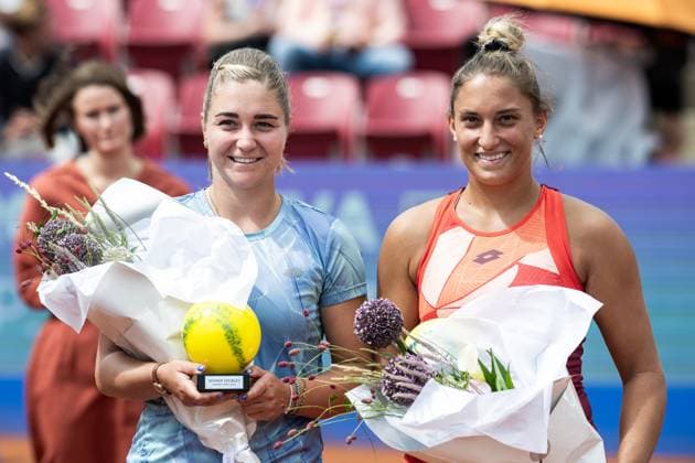 230715 Irina Khromacheva, of Russia, and Panna Udvardy, of Hungary, celebrate after the womens doubles final during day 6 of the WTA Nordea Open on July 15, 2023 in Bastad, Sweden.  Copyright: NICLASxJÖNSSON BB230715NO019