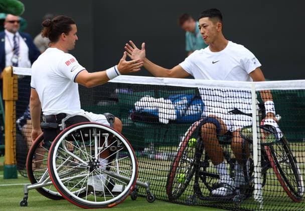 Mandatory Credit: Photo by Kieran McManus Shutterstock (14010523m) Tokito Oda celebrates victory in his Wheelchair Singles semi final against Gordon Reid Wimbledon Tennis Championships, Day 13, The All England Lawn Tennis and Croquet Club, London, UK - 15 Jul 2023 Wimbledon Tennis Championships, Day 13, The All England Lawn Tennis and Croquet Club, London, UK - 15 Jul 2023  Copyright: xKieranxMcManus Shutterstockx 14010523m