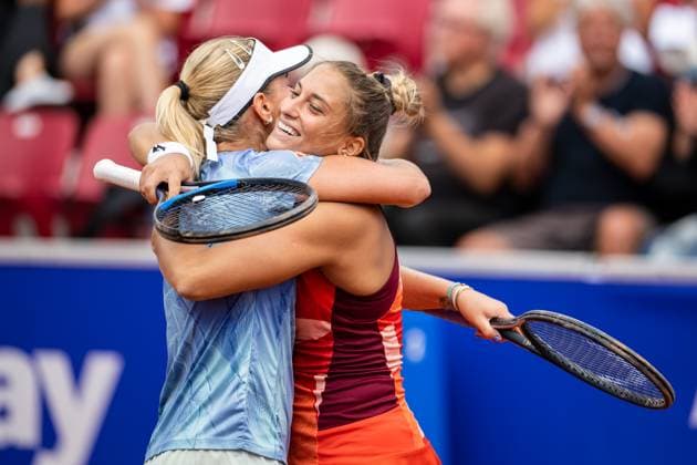 230715 Irina Khromacheva, of Russia, and Panna Udvardy, of Hungary, celebrate after the womens doubles final during day 6 of the WTA Nordea Open on July 15, 2023 in Bastad.  Copyright: NICLASxJÖNSSON BB230715NO028