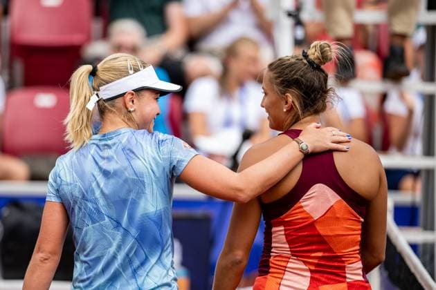 230715 Irina Khromacheva, of Russia, and Panna Udvardy, of Hungary, celebrate after the womens doubles final during day 6 of the WTA Nordea Open on July 15, 2023 in Bastad.  Copyright: NICLASxJÖNSSON BB230715NO033