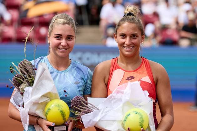BÅSTAD 20230715 Irina Khromacheva and Panna Udvardy from Hungary celebrate after the doubles final during the Nordea Open tennis tournament in Bastad BÅSTAD SVERIGE Tennis x11830x  Copyright: xAndersxBjurö TTx NORDEA OPEN 2023