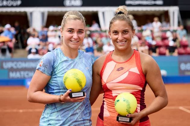 BÅSTAD 20230715 Irina Khromacheva and Panna Udvardy from Hungary celebrate after the doubles final during the Nordea Open tennis tournament in Bastad BÅSTAD SVERIGE Tennis x11830x  Copyright: xAndersxBjurö TTx NORDEA OPEN 2023