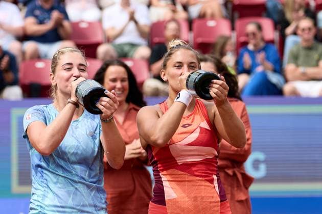 BÅSTAD 20230715 Irina Khromacheva and Panna Udvardy from Hungary celebrate after the doubles final during the Nordea Open tennis tournament in Bastad BÅSTAD SVERIGE Tennis x11830x  Copyright: xAndersxBjurö TTx NORDEA OPEN 2023