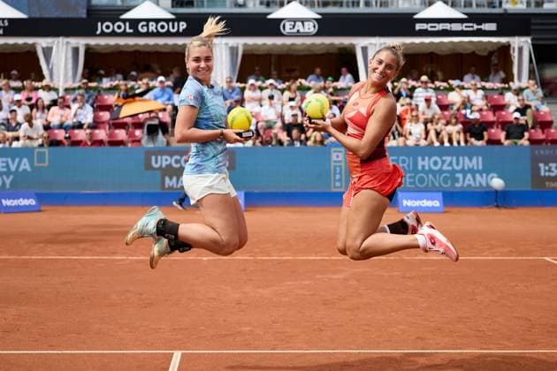BÅSTAD 20230715 Irina Khromacheva and Panna Udvardy from Hungary celebrate after the doubles final during the Nordea Open tennis tournament in Bastad BÅSTAD SVERIGE Tennis x11830x  Copyright: xAndersxBjurö TTx NORDEA OPEN 2023
