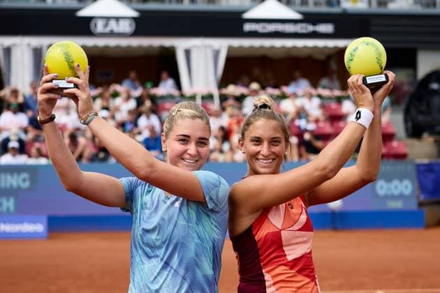 BÅSTAD 20230715 Irina Khromacheva and Panna Udvardy from Hungary celebrate after the doubles final during the Nordea Open tennis tournament in Bastad BÅSTAD SVERIGE Tennis x11830x  Copyright: xAndersxBjurö TTx NORDEA OPEN 2023