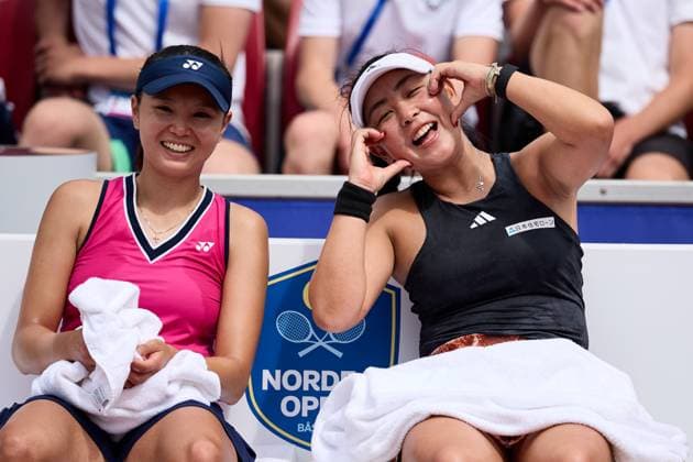 BÅSTAD 20230715 Su Jeong Jang, South Korea, and Eri Hozumi, Japan, after the doubles final during the Nordea Open tennis tournament in Bastad BÅSTAD SVERIGE Tennis x11830x  Copyright: xAndersxBjurö TTx NORDEA OPEN 2023