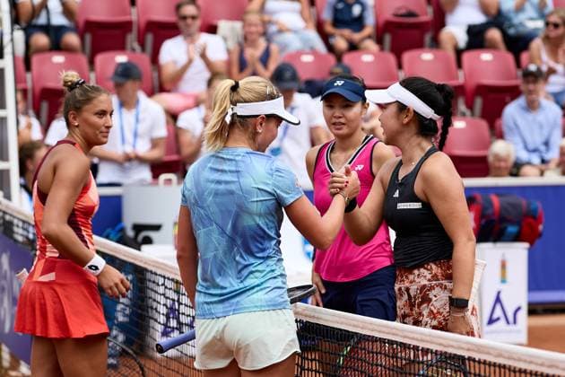 BÅSTAD 20230715 Irina Khromacheva, Panna Udvardy, Su Jeong Jang and Eri Hozumi after the doubles final during the Nordea Open tennis tournament in Bastad BÅSTAD SVERIGE Tennis x11830x  Copyright: xAndersxBjurö TTx NORDEA OPEN 2023