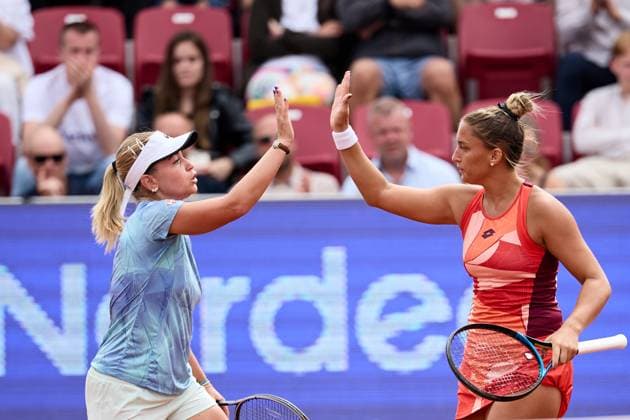 BÅSTAD 20230715 Irina Khromacheva and Panna Udvardy cheer in the doubles final during the Nordea Open tennis tournament in Bastad BÅSTAD SWEDEN Tennis x11830x  Copyright: xAndersxBjurö TTx NORDEA OPEN 2023
