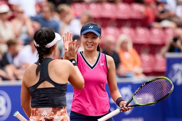 BÅSTAD 20230715 Su Jeong Jang and Eri Hozumi celebrate in the doubles final during the Nordea Open tennis tournament in Bastad BÅSTAD SVERIGE Tennis x11830x  Copyright: xAndersxBjurö TTx NORDEA OPEN 2023