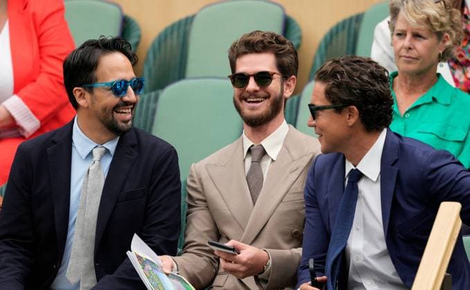 Mandatory Credit: Photo by Dave Shopland Shutterstock (14010519j) Lin-Manuel Miranda, Andrew Garfield and Vito Schnabel in the Royal Box on Centre Court Wimbledon Tennis Championships, Day 13, The All England Lawn Tennis and Croquet Club, London, UK - 15 Jul 2023 Wimbledon Tennis Championships, Day 13, The All England Lawn Tennis and Croquet Club, London, UK - 15 Jul 2023  Copyright: xDavexShopland Shutterstockx 14010519j
