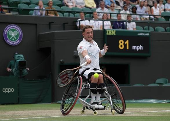 15th July 2023; All England Lawn Tennis and Croquet Club, London, England: Wimbledon Tennis Tournament; Alfie& xa0;Hewett (GBR) with a forehand shot to De La Puente (ESP) , mens wheelchair singles semi-final  ActionPlus12531418 JohnxPatrickxFletcher