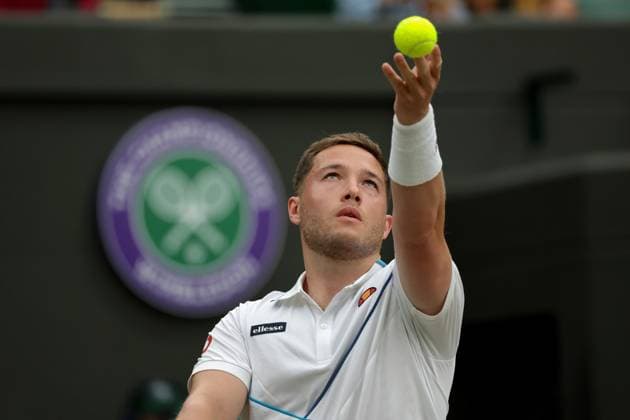 15th July 2023; All England Lawn Tennis and Croquet Club, London, England: Wimbledon Tennis Tournament; Alfie& xa0;Hewett (GBR) serves to De La Puente (ESP) , mens wheelchair singles semi-final  ActionPlus12531401 JohnxPatrickxFletcher