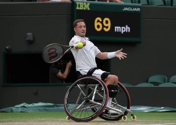 15th July 2023; All England Lawn Tennis and Croquet Club, London, England: Wimbledon Tennis Tournament; Alfie& xa0;Hewett (GBR) with a forehand shot to De La Puente (ESP) , mens wheelchair singles semi-final  ActionPlus12531405 JohnxPatrickxFletcher