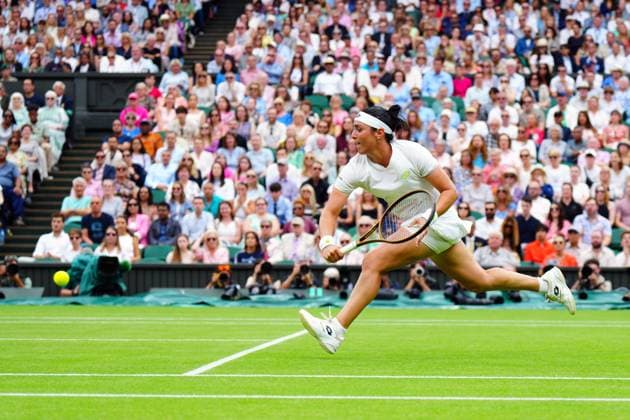 Mandatory Credit: Photo by Javier Garcia Shutterstock (14010521cu) Ons Jabeur during the Ladies SIngles final Wimbledon Tennis Championships, Day 13, The All England Lawn Tennis and Croquet Club, London, UK - 15 Jul 2023 Wimbledon Tennis Championships, Day 13, The All England Lawn Tennis and Croquet Club, London, UK - 15 Jul 2023  Copyright: xJavierxGarcia Shutterstockx 14010521cu