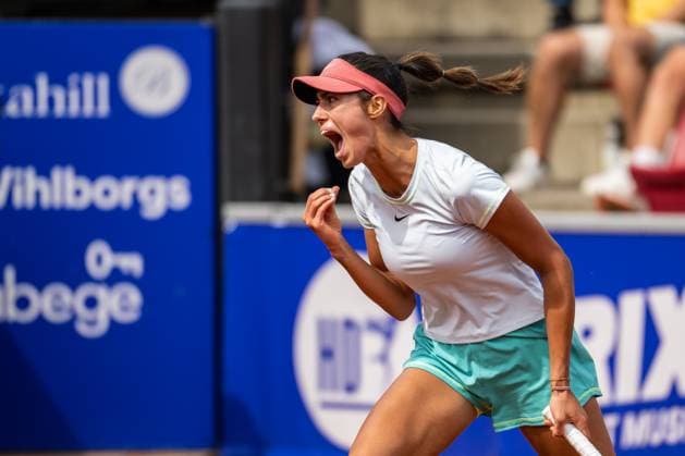 230715 Olga Danilovic of Serbia cheers during the womens final on day 6 of the WTA Nordea Open on July 15, 2023 in Bastad, Sweden.  Copyright: NICLASxJÖNSSON BB230715NO061